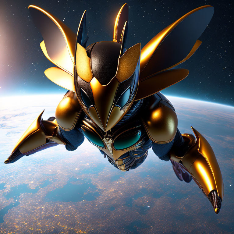 Gold and Black Armored Figure Flying Above Earth's Atmosphere