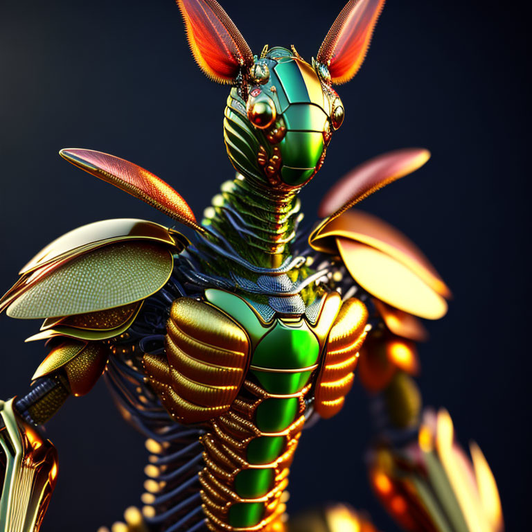 Detailed Metallic 3D Rendering of Humanoid Insect with Colorful Armor