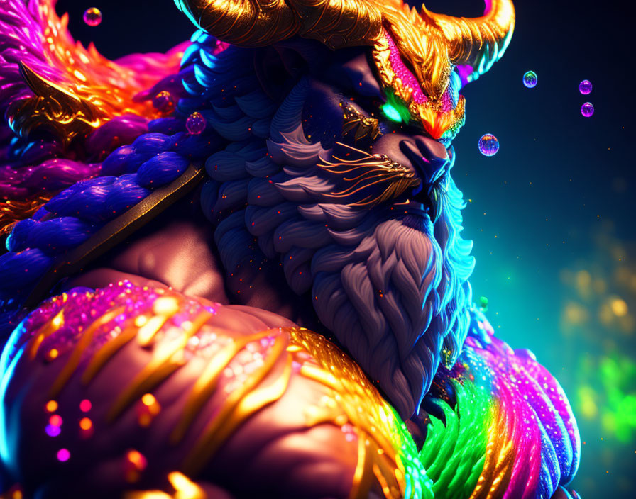Colorful digital artwork: Lion with multi-colored mane and gold accents in a magical setting.