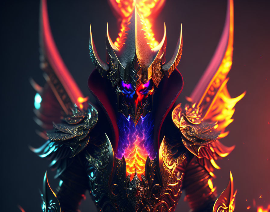 Fiery dragon with blue eyes and silver armor in flames on dark background