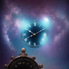 Cosmic-themed clock with Roman numerals and galaxy design