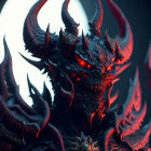 Sinister horned demon with red eyes and spikes in dark setting