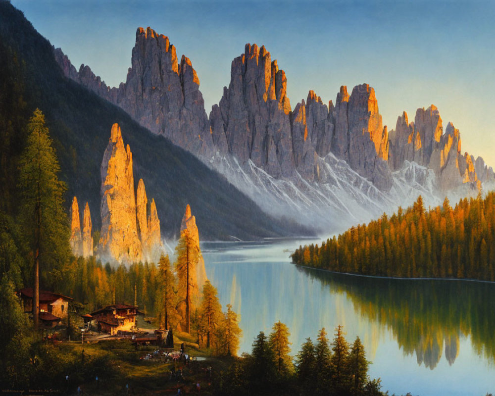 Tranquil lake with mountain range, cabin, and sunset