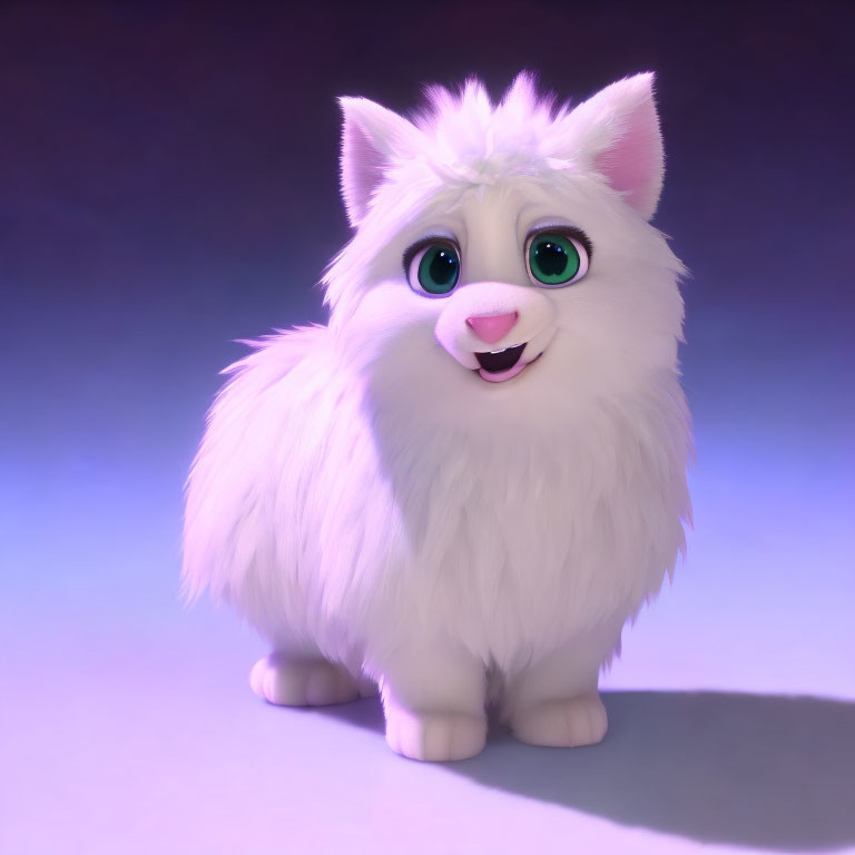 Fluffy White Animated Cat with Green Eyes on Purple Background