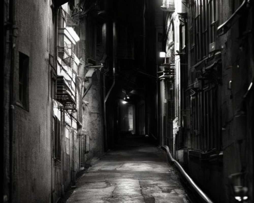 Dimly Lit Alley Between Tall Buildings at Night