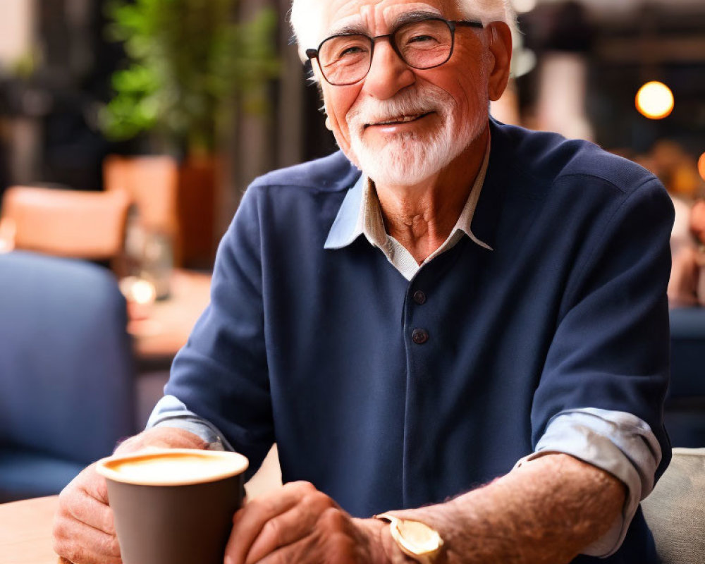 Elderly man in blue shirt and glasses enjoying coffee in a cafe