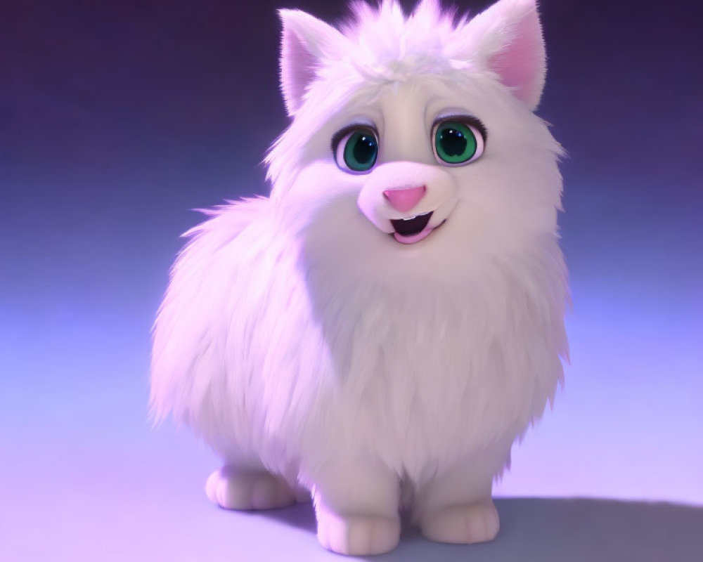 Fluffy White Animated Cat with Green Eyes on Purple Background