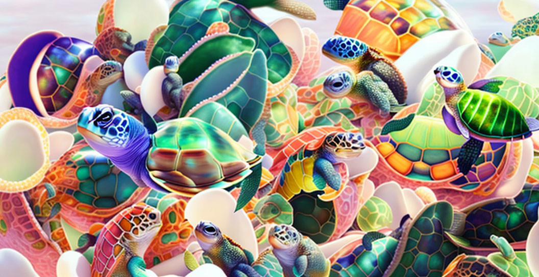 Vibrant surreal illustration of patterned turtles on soft abstract backdrop