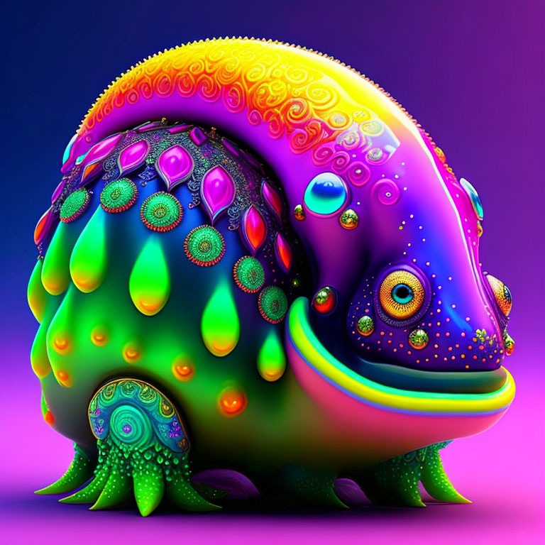 Colorful psychedelic creature with intricate shell patterns and multiple eyes on purple background