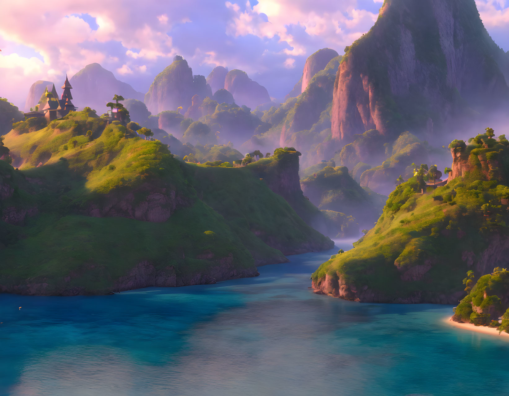 Tranquil fantasy landscape with green islands, castle on hill, serene river at sunrise