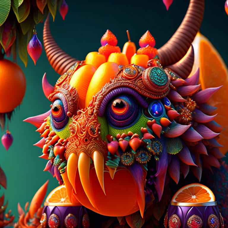 Colorful fantastical creature with multiple eyes and floral elements on green background