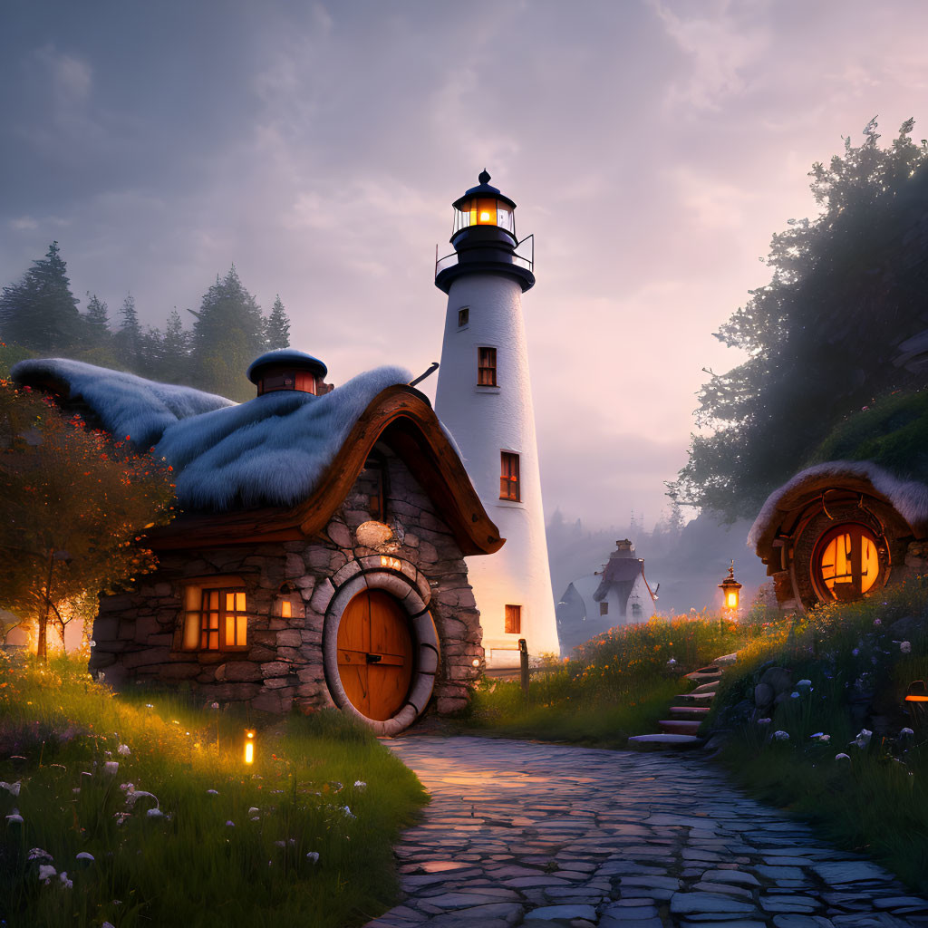 Charming lighthouse cottage in twilight landscape