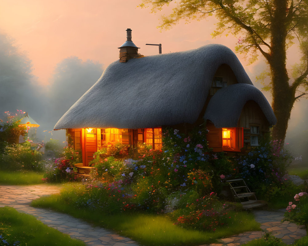 Thatched cottage with warm light, lush greenery, stone pathway