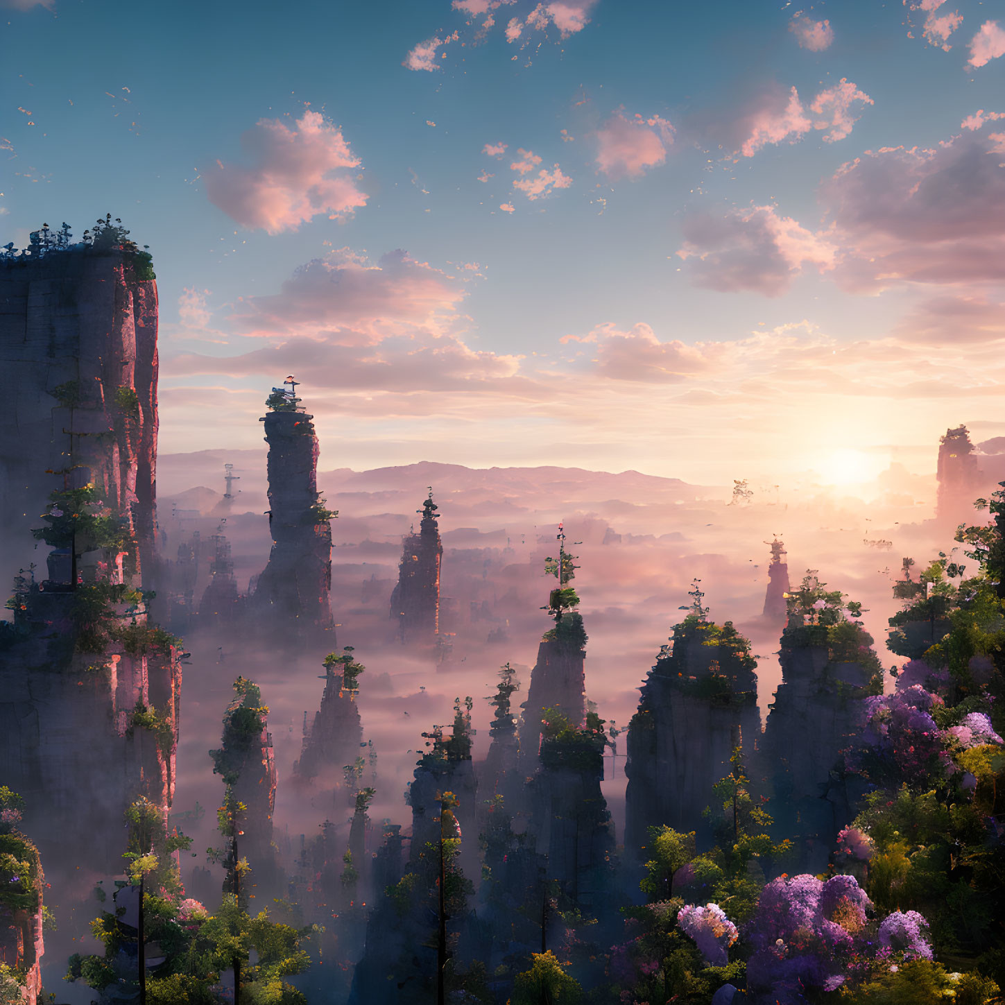 Majestic cliffs, misty forests, purple flowers, and a stunning sunrise landscape