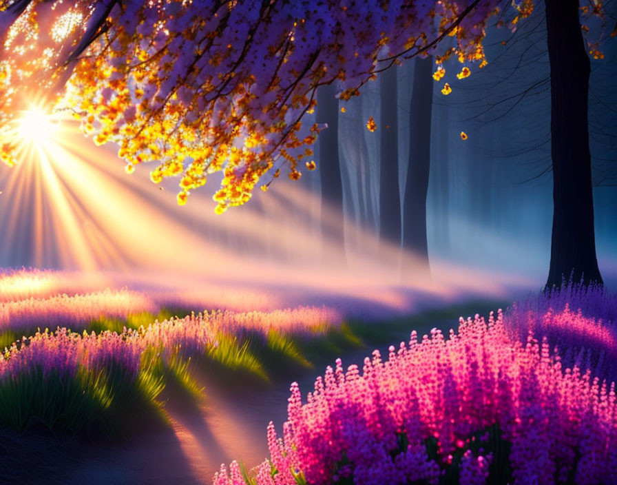 Scenic forest path with blooming trees and sunrise rays