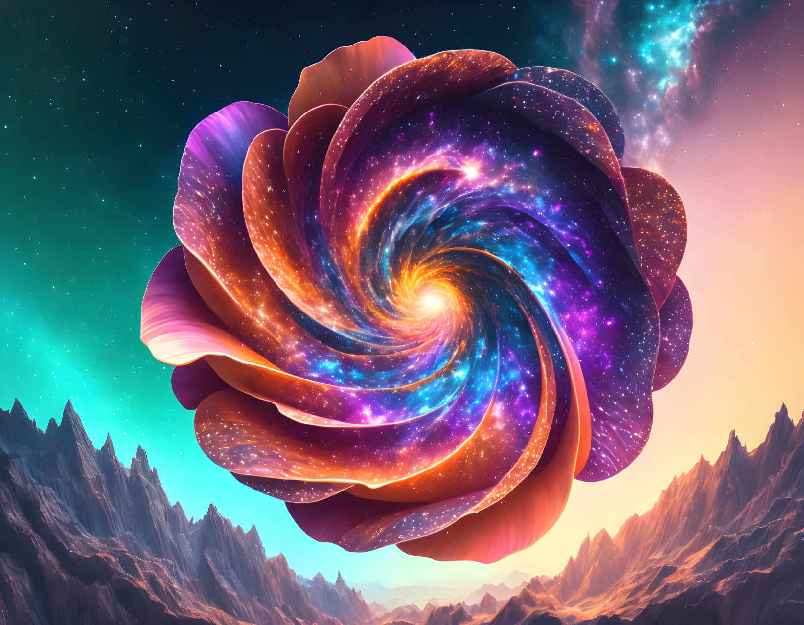 Surreal cosmic flower above rugged mountain landscape