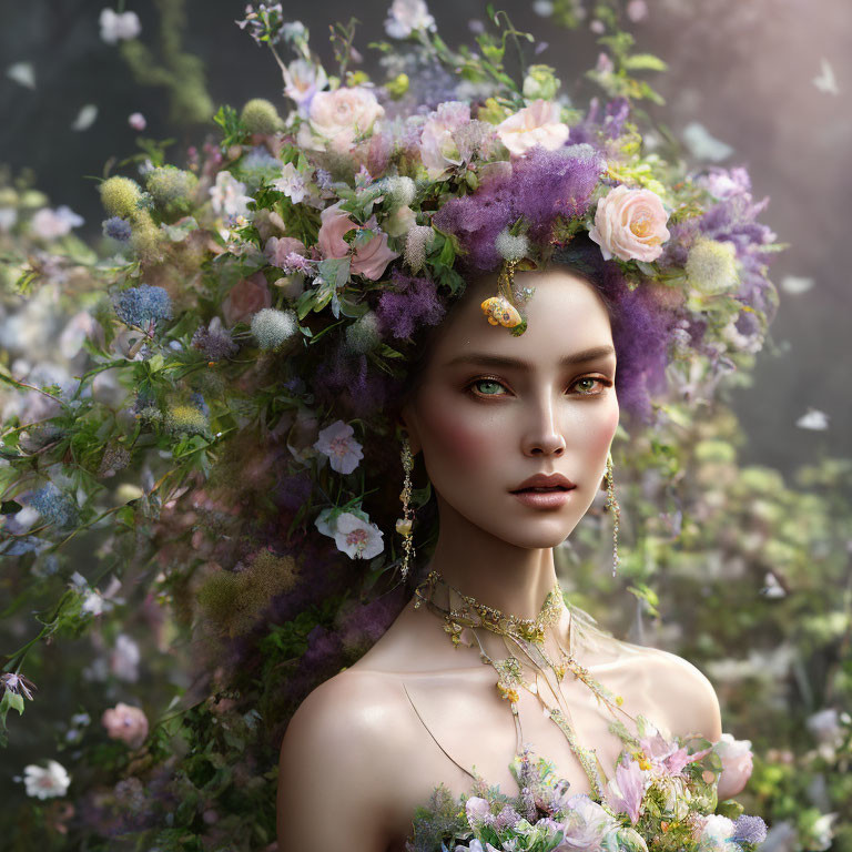 Portrait of woman with vibrant flower crown in dreamy setting