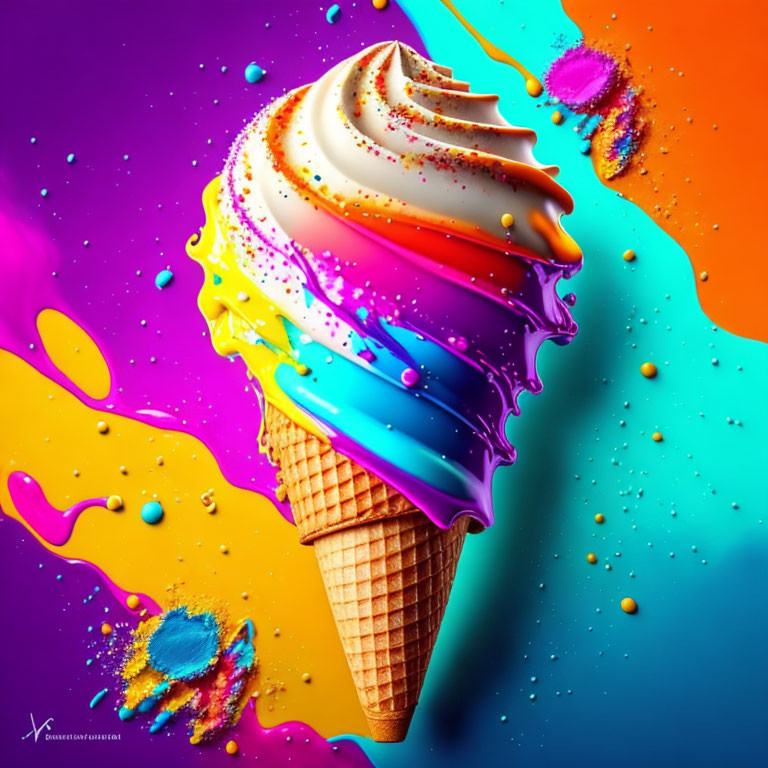Colorful melting ice cream cone digital artwork on multicolored background