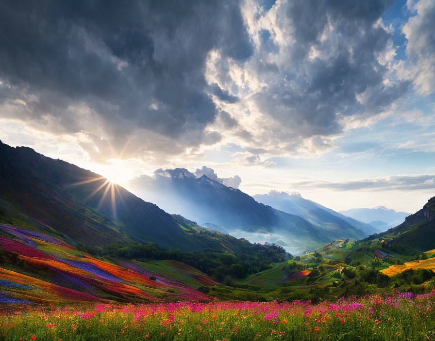 Colorful Flower Fields Under Dramatic Sky with Sun Peeking Over Mountains