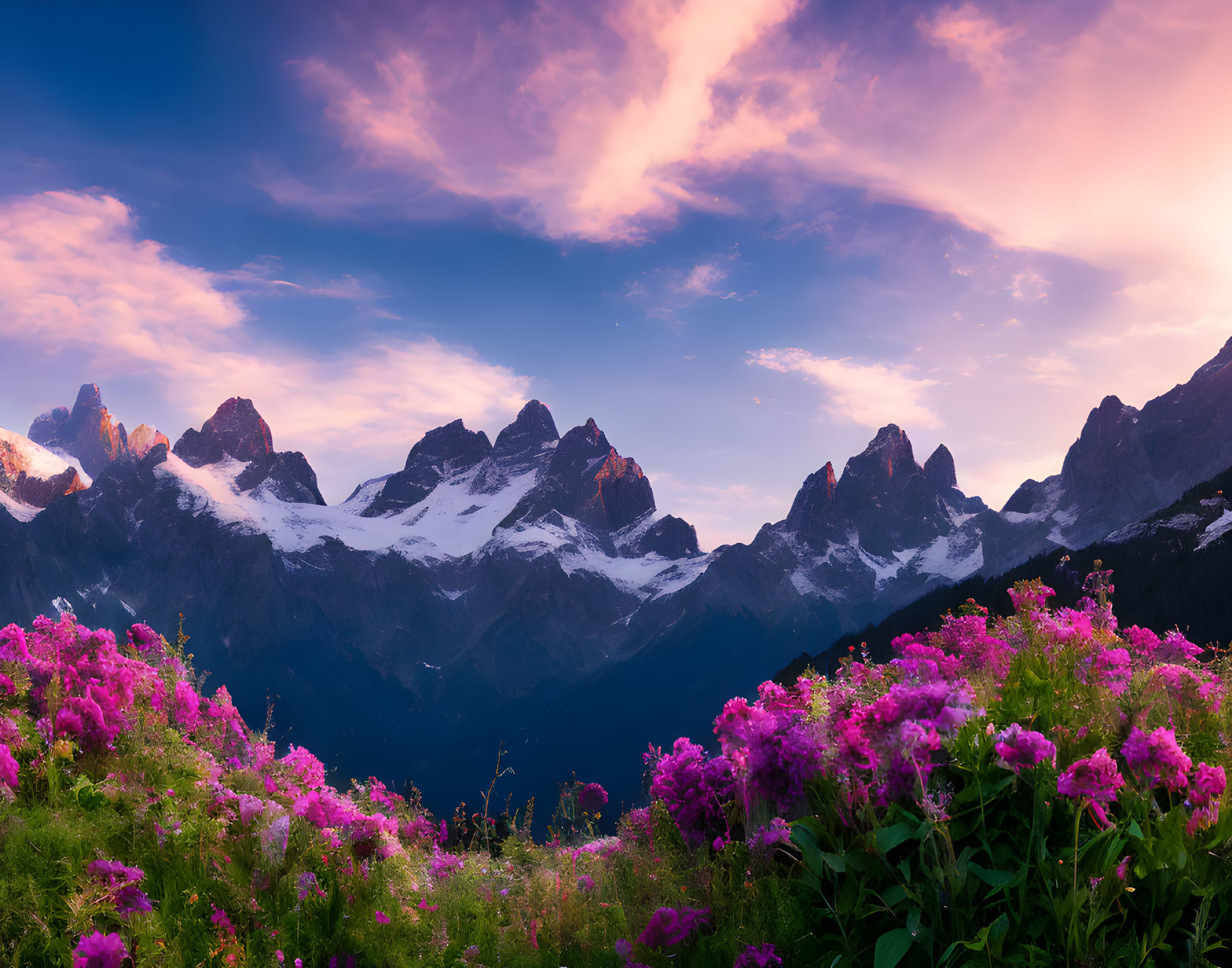 Scenic mountain peaks at sunset with vibrant wildflowers