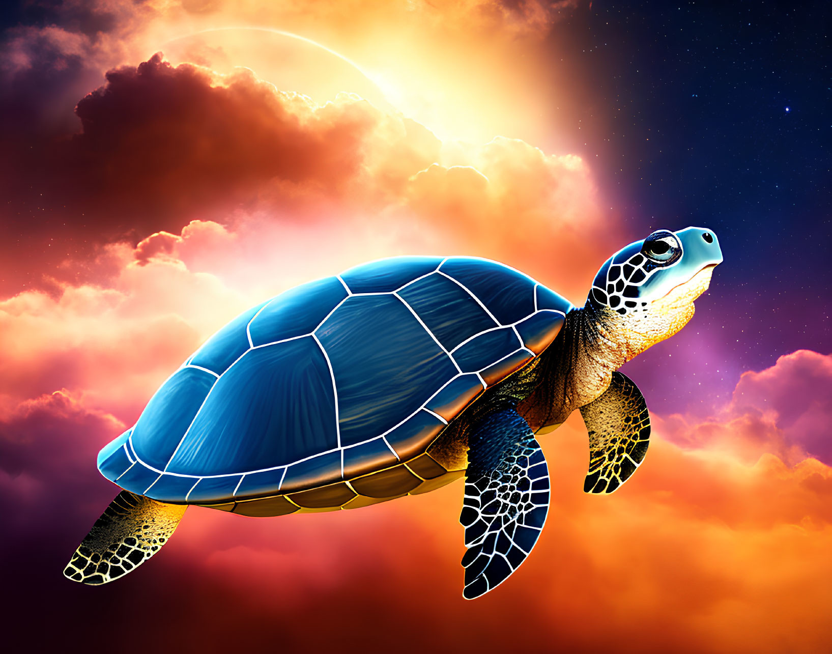 Colorful Sea Turtle Swimming in Sunset Sky with Glowing Sun
