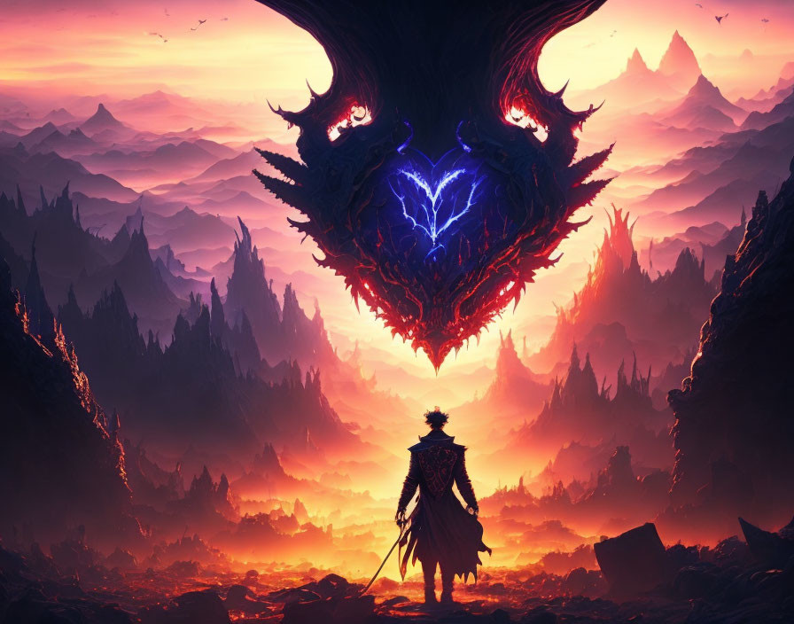 Figure confronts dragon with blue eyes in fiery landscape