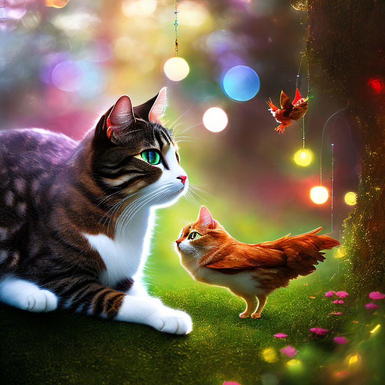 Two Cats in Vibrant Magical Garden with Colorful Lights and Flying Birds