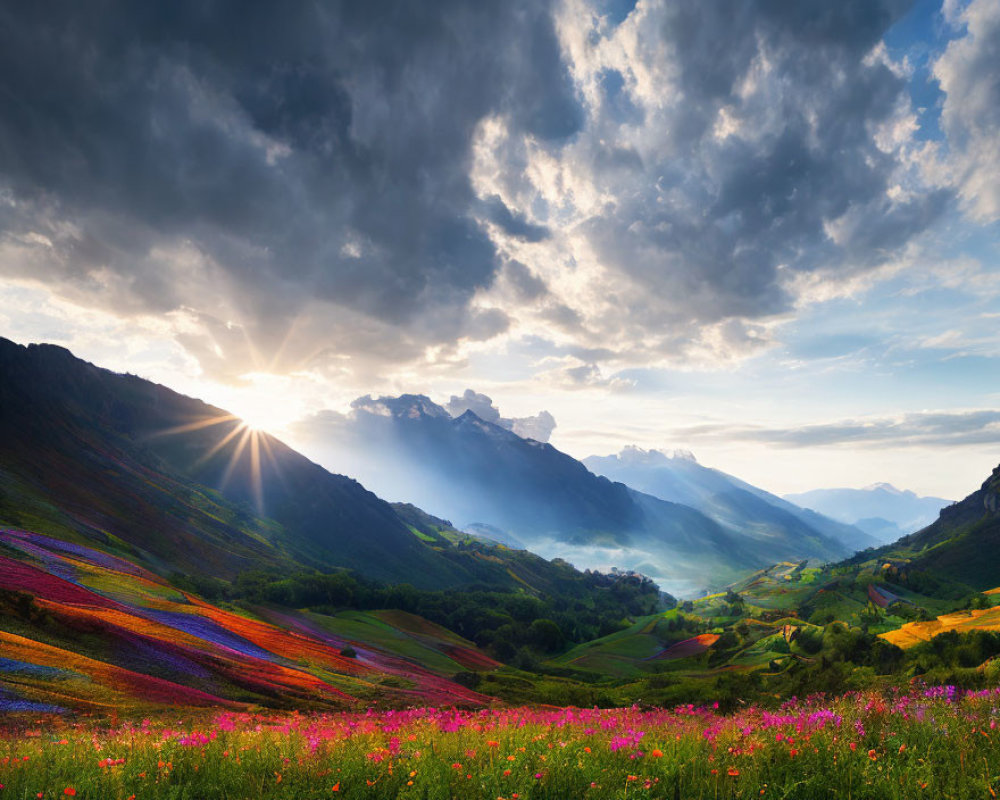 Colorful Flower Fields Under Dramatic Sky with Sun Peeking Over Mountains