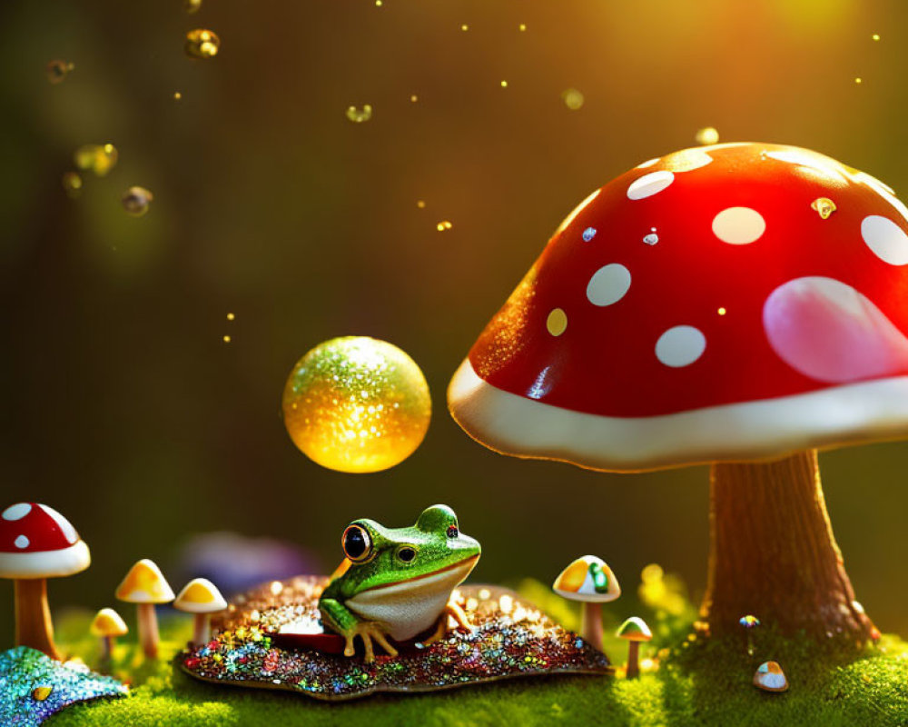 Frog surrounded by colorful mushrooms and magical orbs on glittering ground