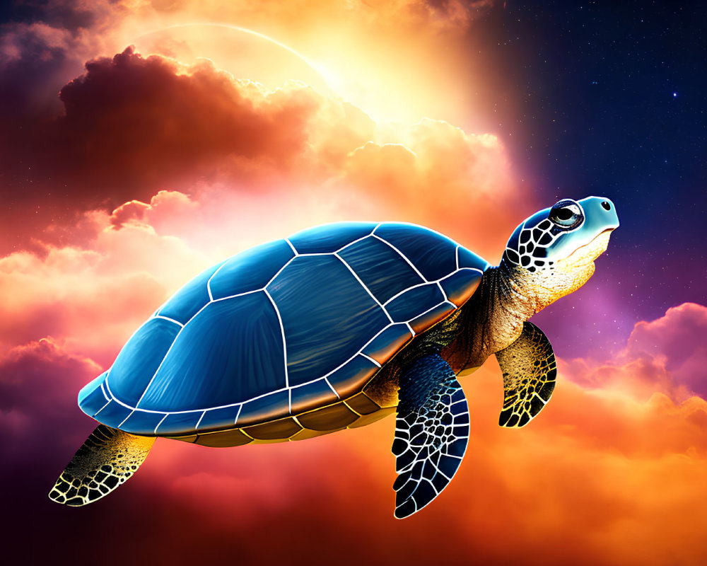 Colorful Sea Turtle Swimming in Sunset Sky with Glowing Sun