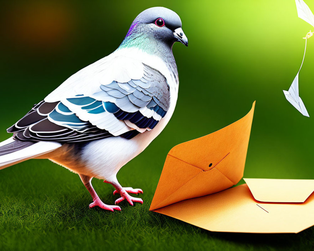 Pigeon beside orange envelope with paper airplane on green background