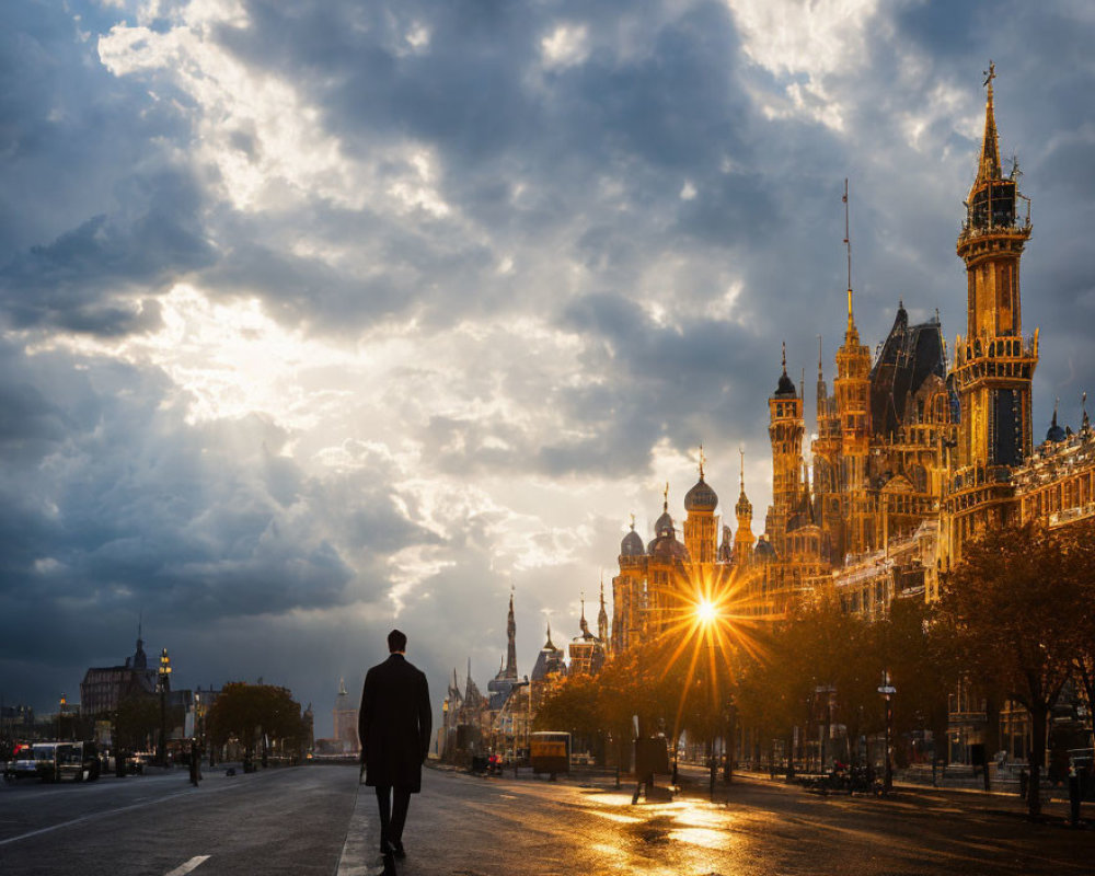 Person walking towards grand ornate building at sunset with dramatic clouds