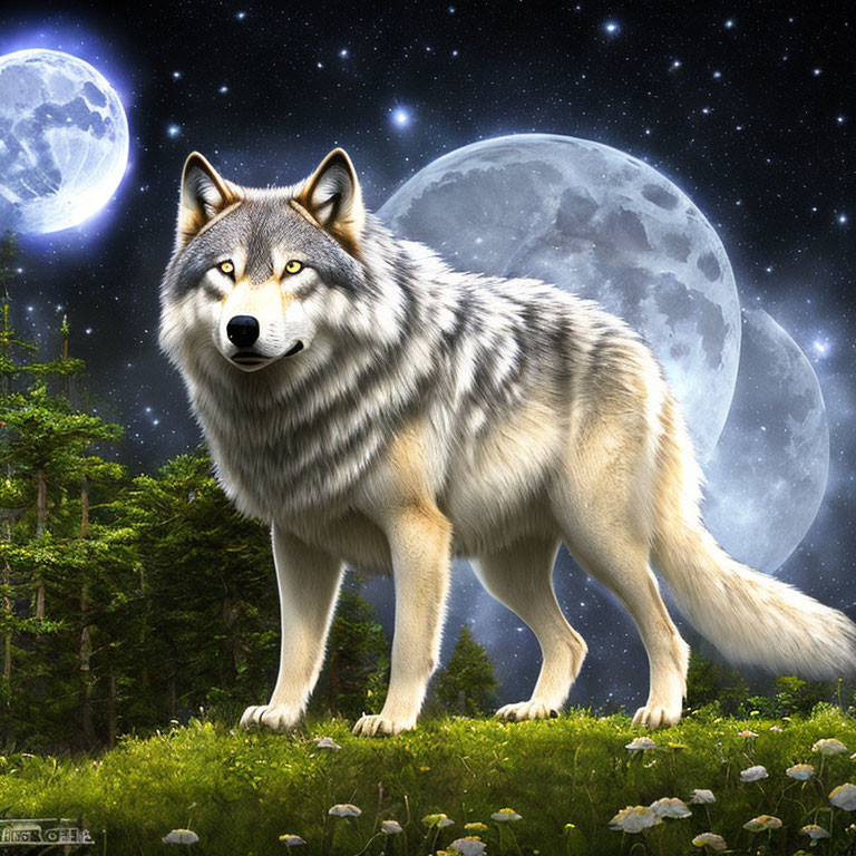 Majestic wolf under night sky with two full moons in forest scenery