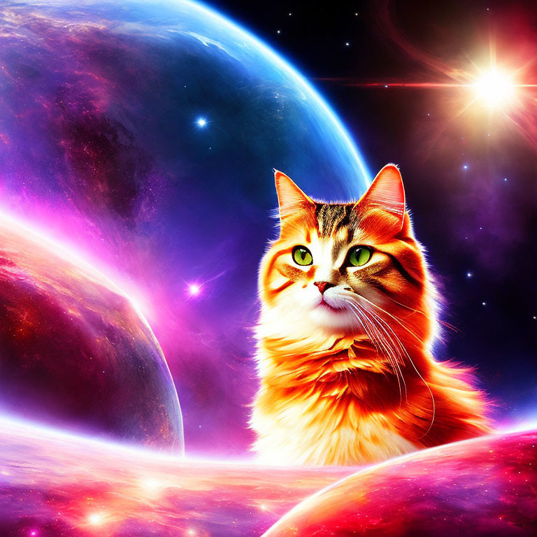 Colorful Cat in Cosmic Scene with Glowing Planet and Stars