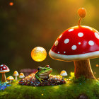 Frog surrounded by colorful mushrooms and magical orbs on glittering ground
