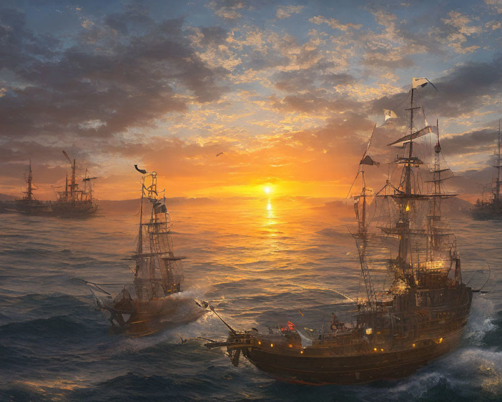 Old sailing ships on golden sunset-lit ocean with dynamic waves