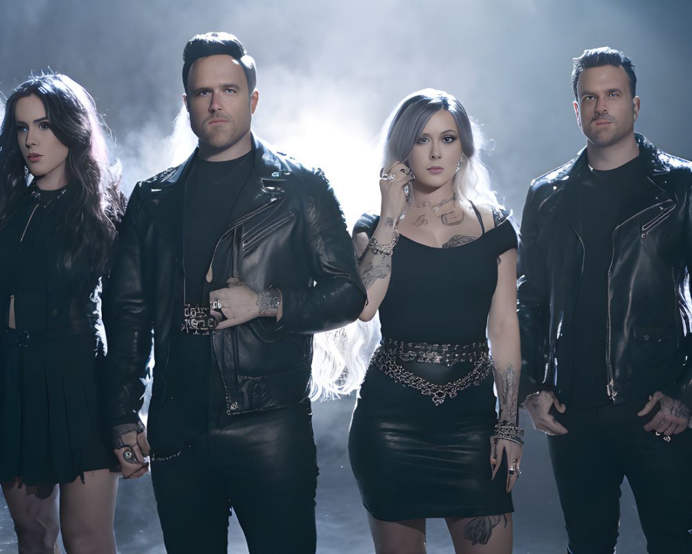 Four people in black leather outfits pose confidently against a smoky backdrop