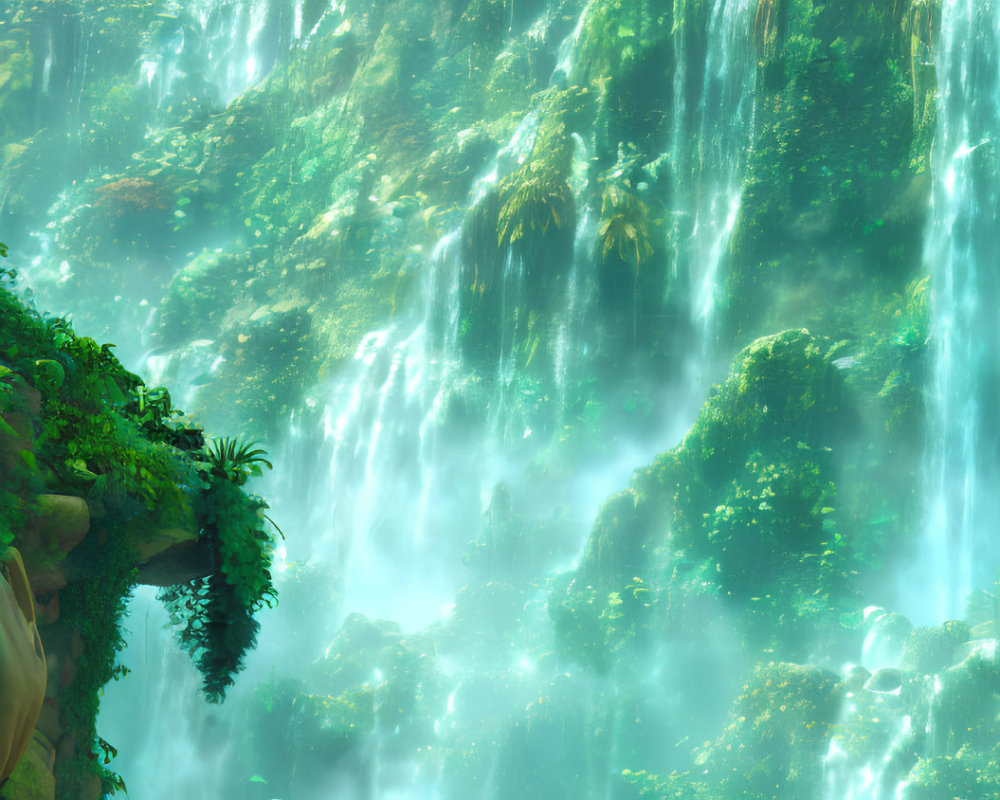 Mystical waterfall in lush forest setting