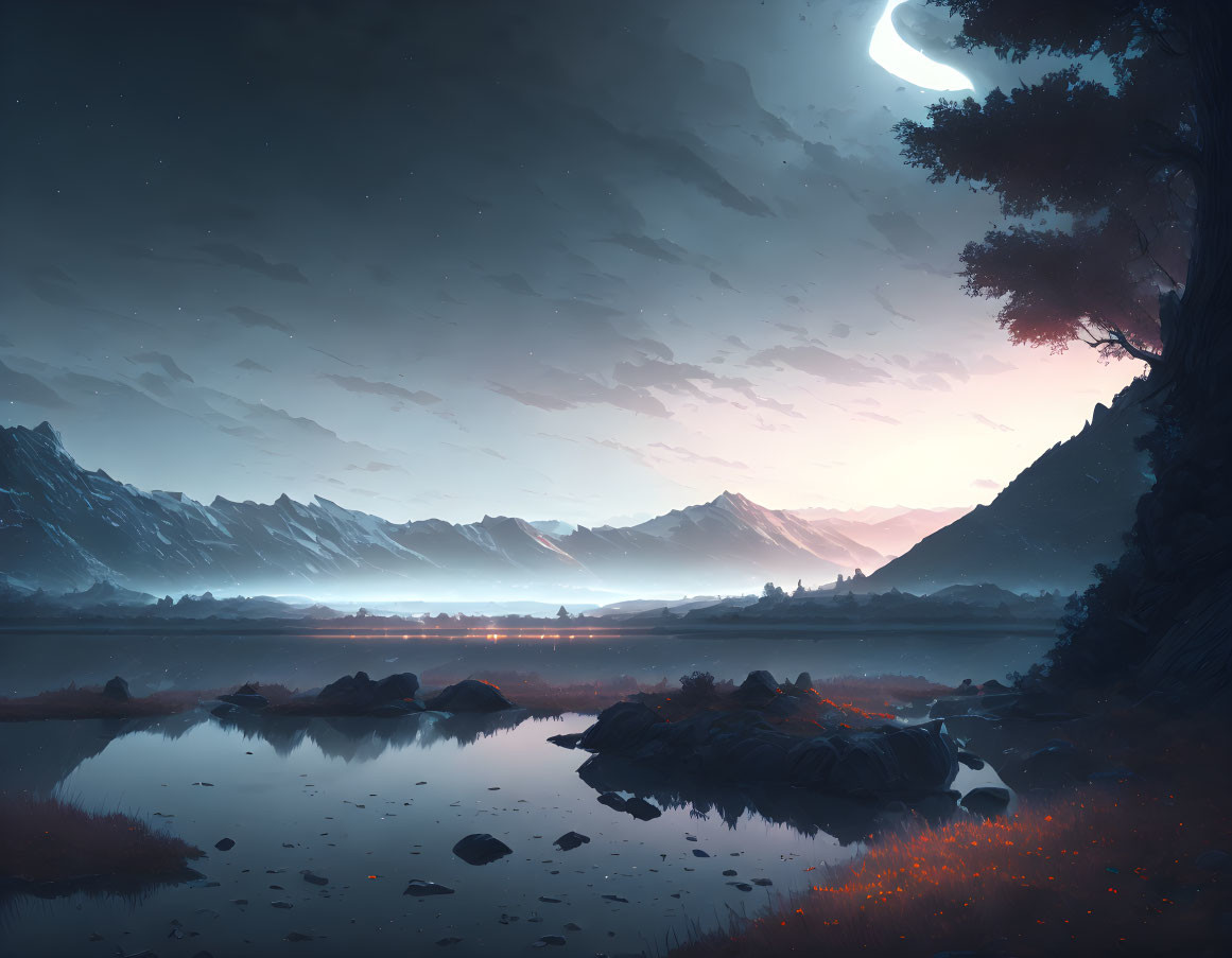 Tranquil nightscape with crescent moon, lake, mountains, starlit sky, and solitary