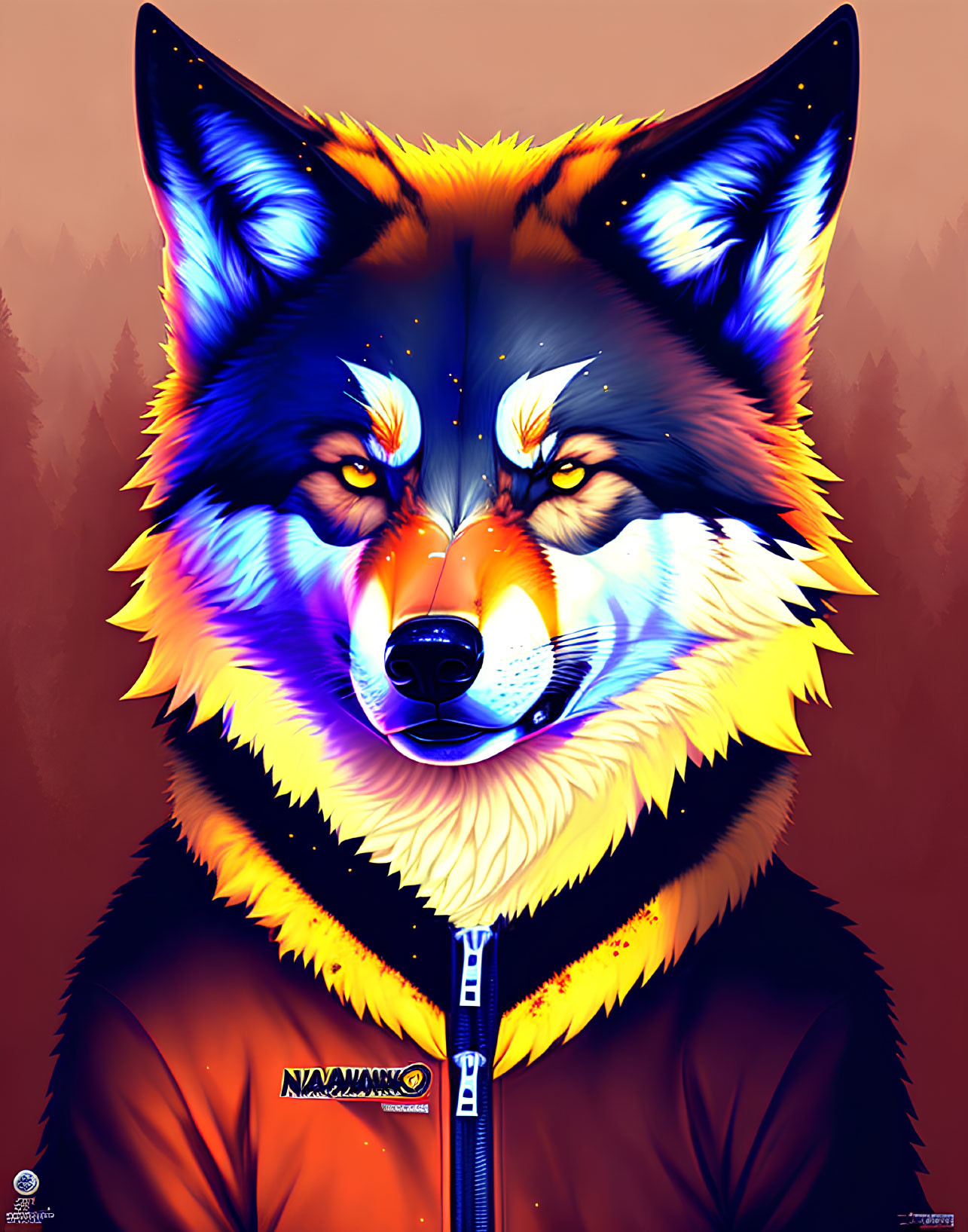 Colorful Stylized Wolf in Orange Jacket Against Autumn Forest