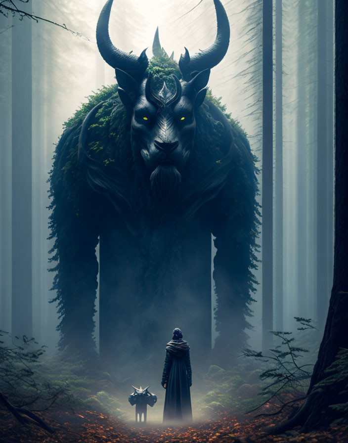 Cloaked figure encounters mystical beast in forest path
