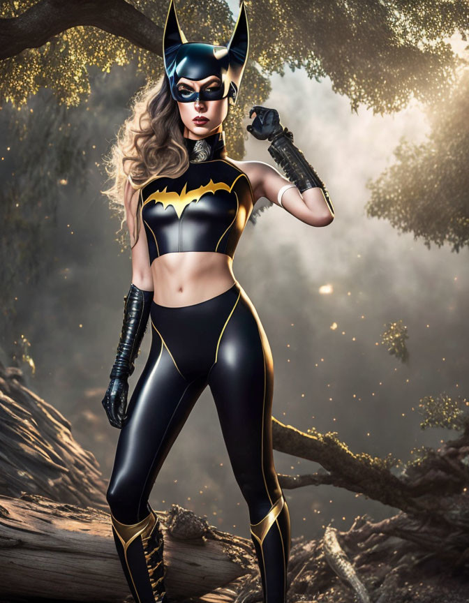 Batgirl costume with gold bat emblem in misty forest