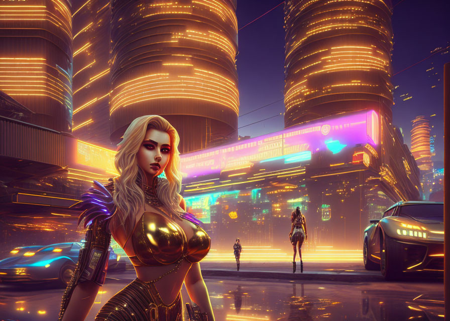 Futuristic female character in neon-lit cyberpunk cityscape