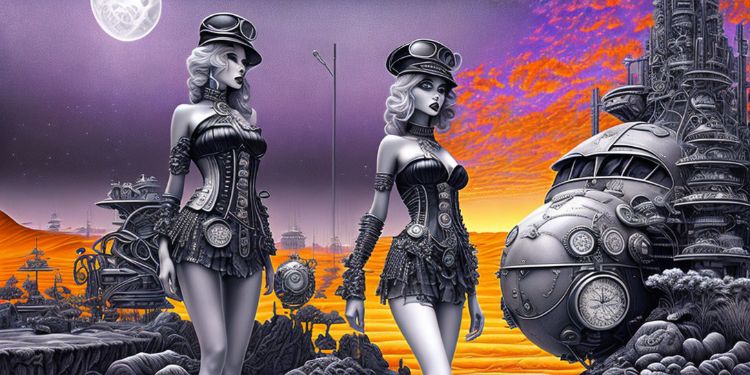 Two Women in Steampunk Attire in Surreal Landscape with Futuristic Structures