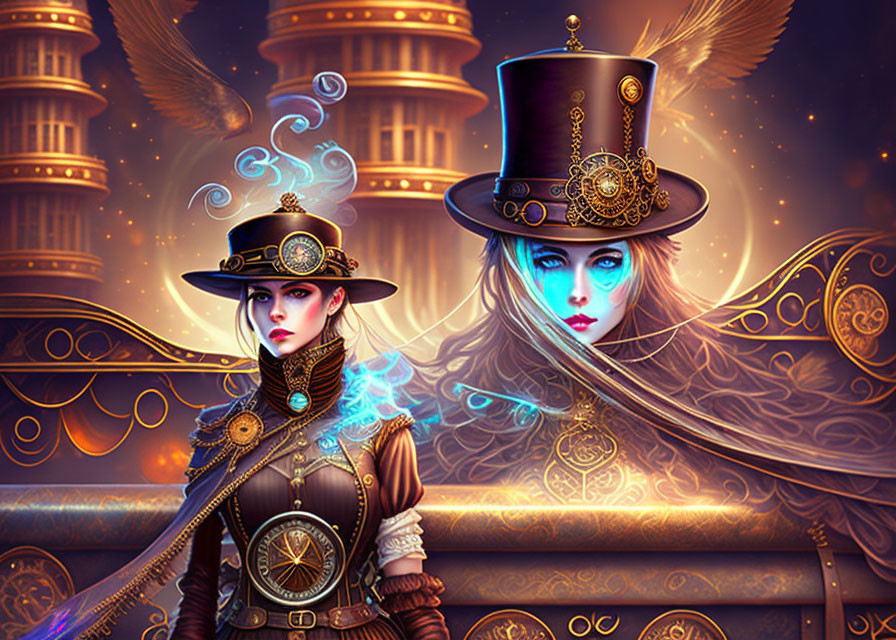 Two women in ornate steampunk attire with cogwheel-adorned hats in mystical gear-l