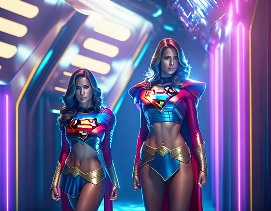 Two Women in Modern Superwoman Costumes in Neon-Lit Corridor