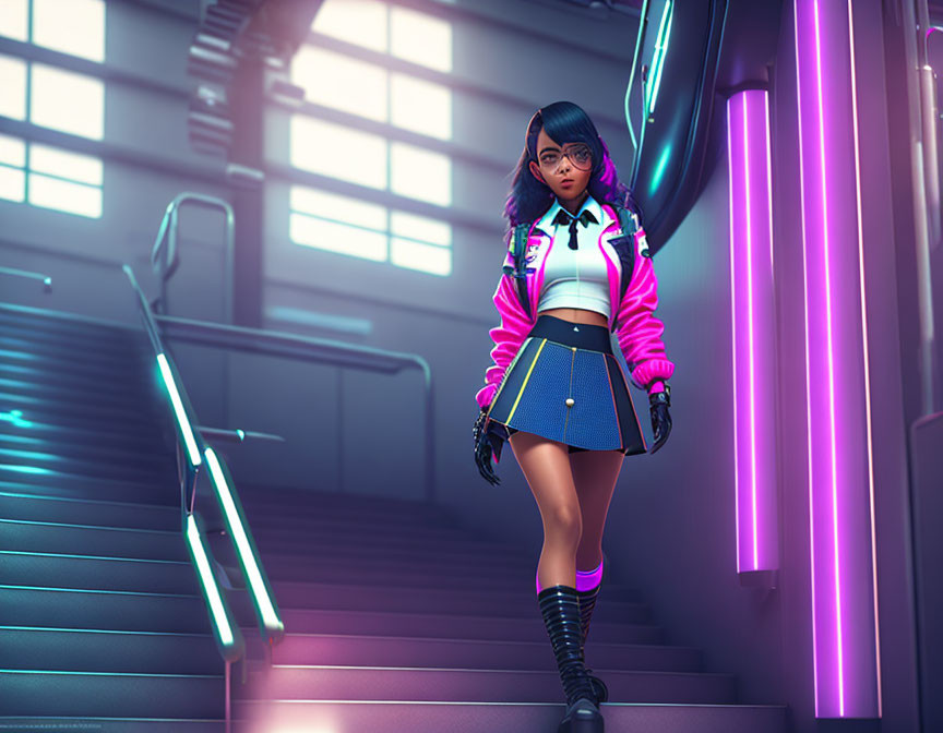 Stylish animated character with blue hair and glasses in pink outfit by neon-lit stairs
