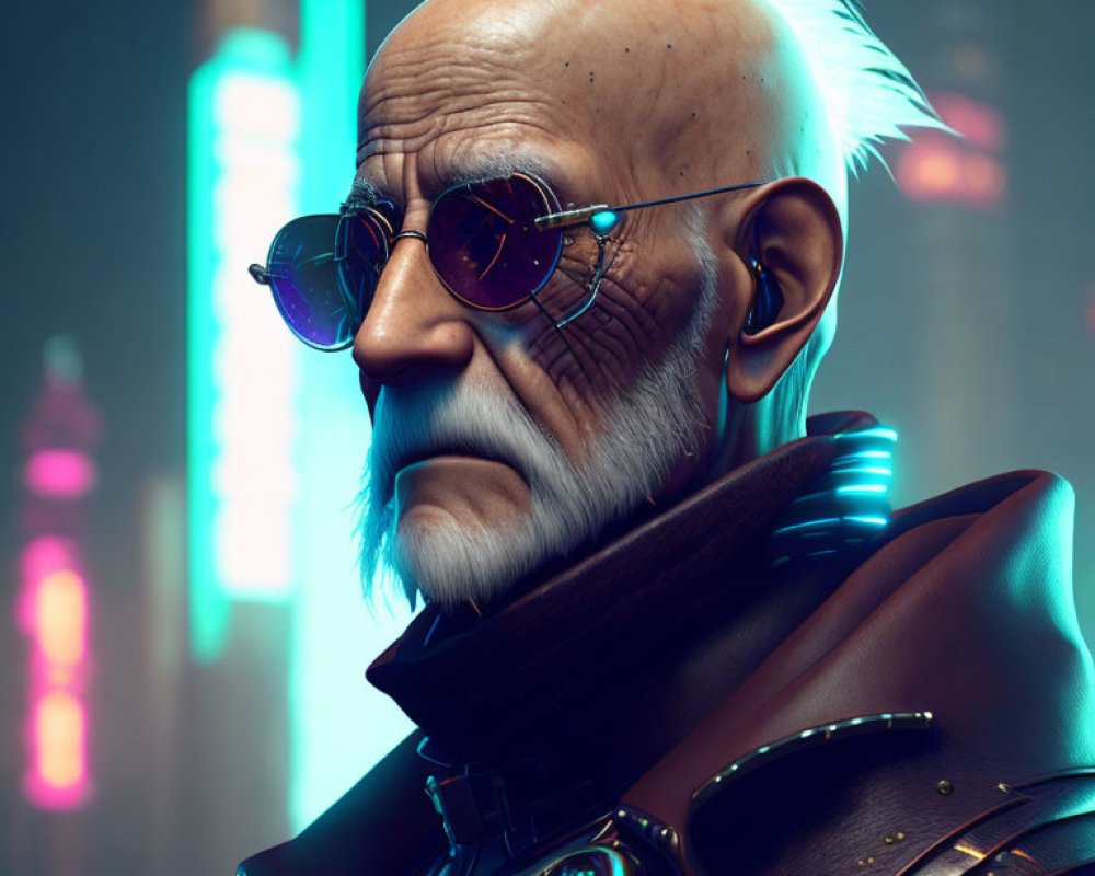 Elderly man in futuristic attire with neon mohawk and sunglasses