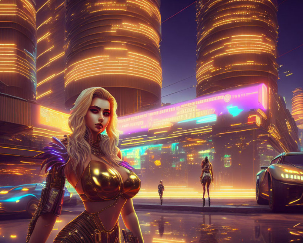 Futuristic female character in neon-lit cyberpunk cityscape