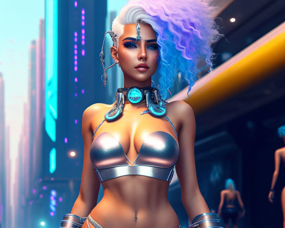 Futuristic woman with white and purple hair and cybernetic enhancements in neon-lit cityscape